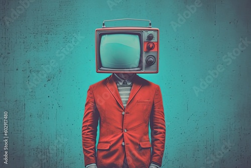 A man in a red jacket with a television head, in the style of the 1970s. Generative AI photo