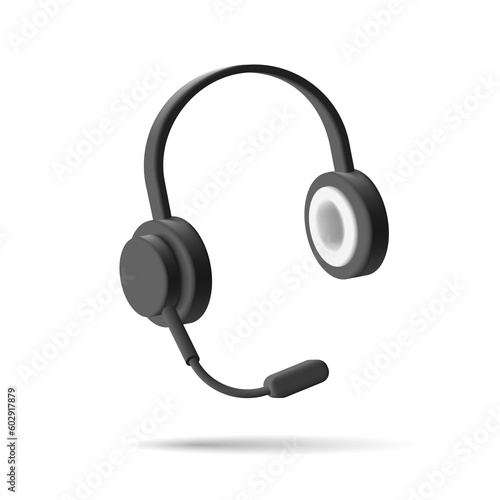 Call center equipment. 3D headphones with a microphone. Black. Hotline, support and assistance in solving problems. Vector illustration on a white background.