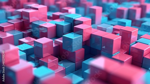 3d rendering of abstract background with cubes in blue and pink colors.Generative Ai