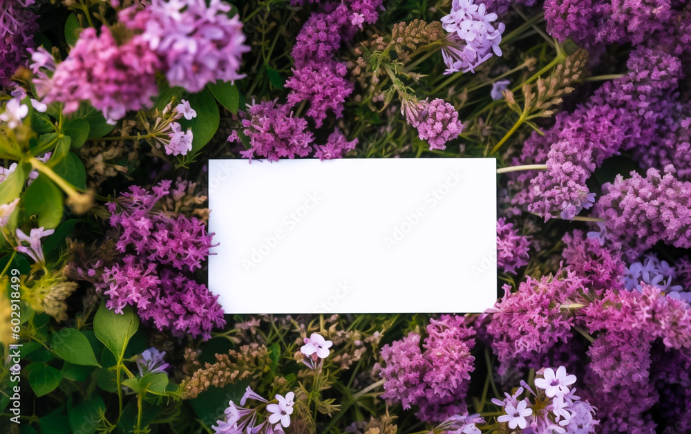 A blank white card surrounded by vibrant summer flowers, copy space, greeting card. Shallow depth of field, Illustrative Generative AI. A blank white card surrounded by vibrant summer flowers, copy space, greeting card. Shallow depth of field, Illustrative Generative AI.
