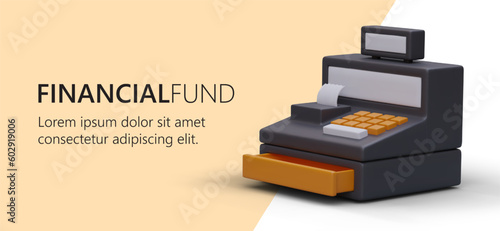 Cartoon 3d cash machine print tab. Advertising for financial fund company concept. Financial counting and savings, account management. Vector illustration with orange background