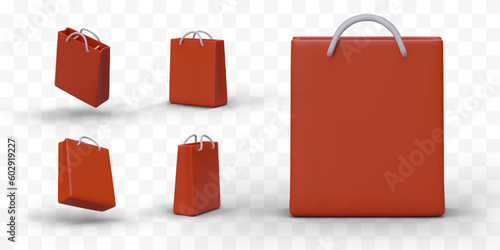 Set of bright 3D paper bags with handles. Symbol of gift wrapping, expensive purchase. Icons for designing store application. Collection of images made in same style and color