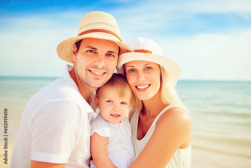 Happy family on beach near sea. Summer vacation. AI Generative Happy family on beach near sea. Summer vacation. AI Generative