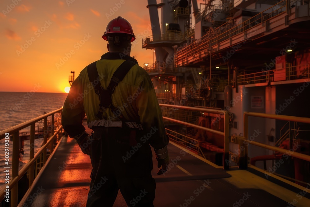 Oil rig workers offshore, made with generative ai