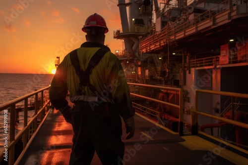 Oil rig workers offshore, made with generative ai