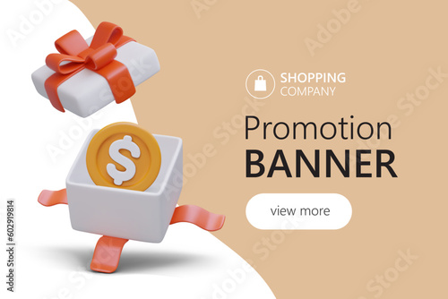Bonus for purchase. Gifts to regular customers. 3D image for advertising profitable shopping. Open gift box with coin inside. Horizontal banner for web design