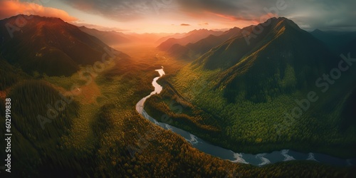AI Generated. AI Generative. Aerial drone top high shot photo illustration of green forest and river. Sunset adventure vibe. Graphic Art
