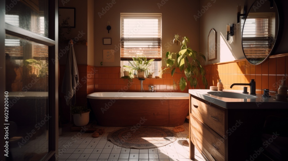 Fototapeta premium home interior design concept bathroom in golden hour sunset interior,image ai generate