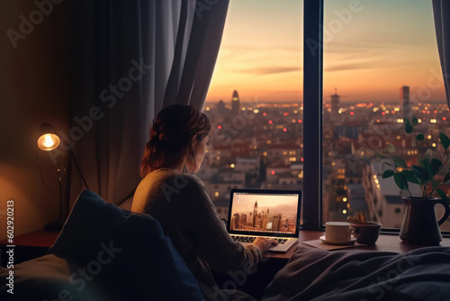 The girl works at home in the evening on a laptop, and outside the window is a metropolis, a freelancer girl or a student with a computer. Generative AI.