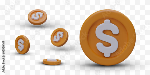 3D coins with dollar sign. Icons symbolizing benefit, profit, accumulation. Illustrations for design of notifications about accrual of bonuses, announcements of sales, price reductions