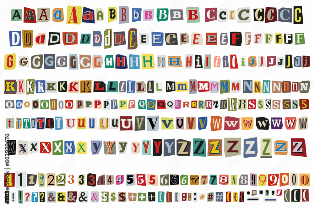 Cut out ransom vector letters alphabet. Blackmail or Ransom Kidnapper Anonymous Note Font. Latin Letters, Numbers and punctuation symbols. Criminal ransom letters. Compose your own - obrazy, fototapety, plakaty 