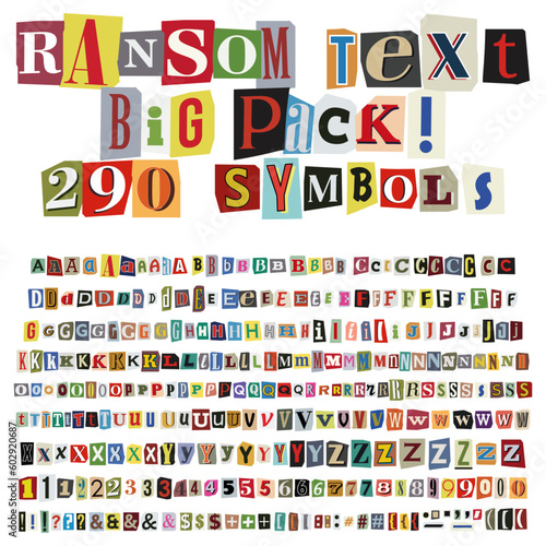 Criminal ransom letters, numbers and punctuation marks, A full character set cut-outs from newspaper or magazine. Compose your own anonymous letters, blackmail, death threats. Big collection. Vector