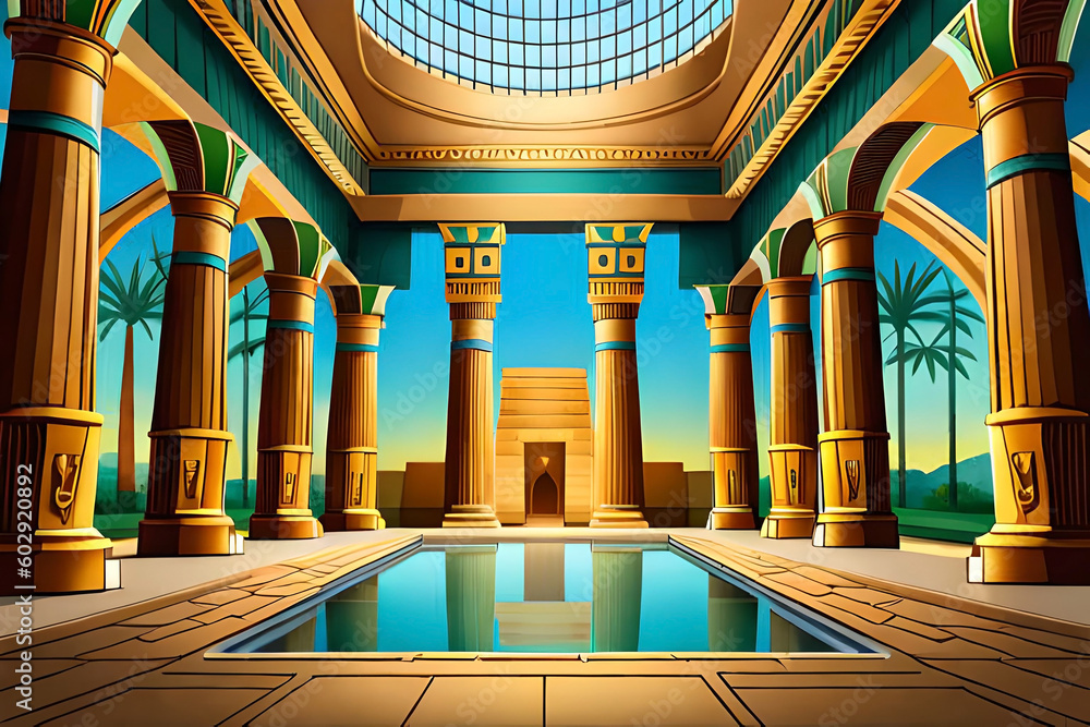 Ancient Egyptian palace or temple with throne, god and pharaoh statues ...