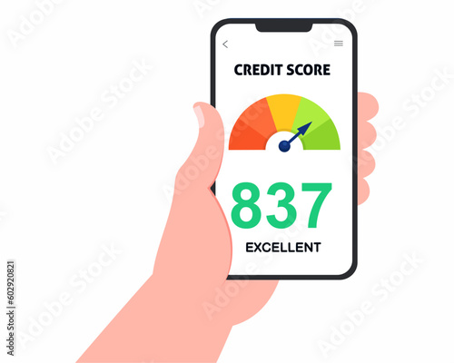 Men hands holding smartphones with credit score app on the screen Credit score concept.