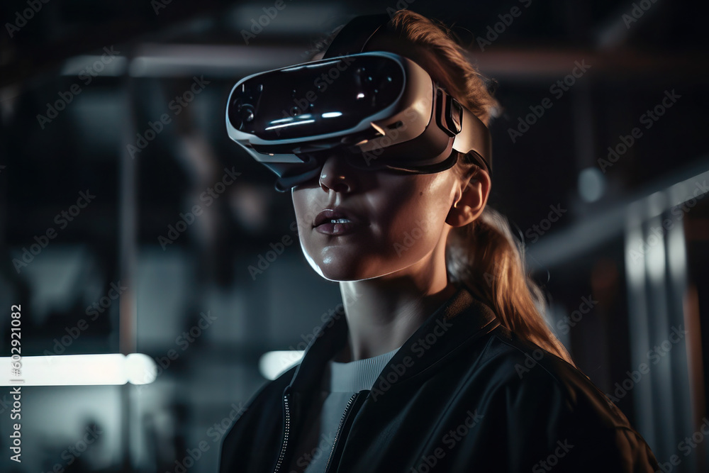 Woman with glasses of virtual reality. Future technology concept. lights. ai generative Woman with glasses of virtual reality. Future technology concept. lights. ai generative