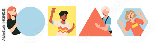 Geometric shapes and people. Collection of boys and girls with triangle, square and circle. Children looking outside from figures. Cartoon flat vector illustrations isolated on white background