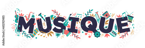 Musique - Bannière - Titre et illustrations vectoriels colorés sur le thème de la musique - Pictogrammes d'instruments et typographie dynamiques et modernes