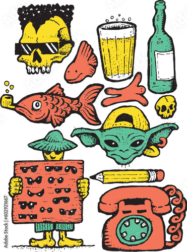 illustration skull sunglasses fish pencil telephone beer