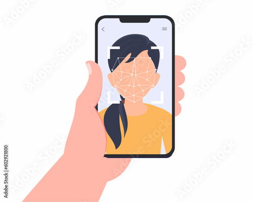 Hand holds phone with face id technology on display. Face scanning process on a screen. Face authentication. Facial recognition system