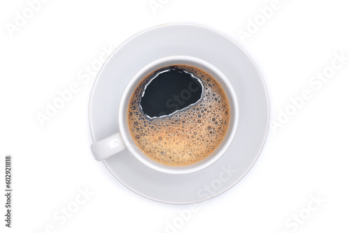 top view of black coffee isolated on white background