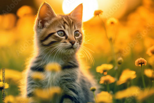 Kitten cat in sunset field generative ai