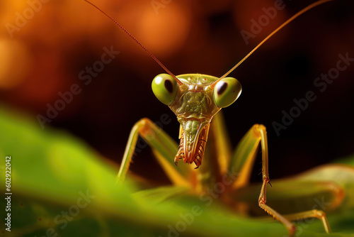 Mantis praying close up on top of leaf generative ai