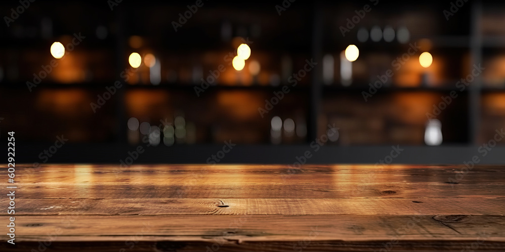 Rustic wooden table top in a pub or ba generative ai