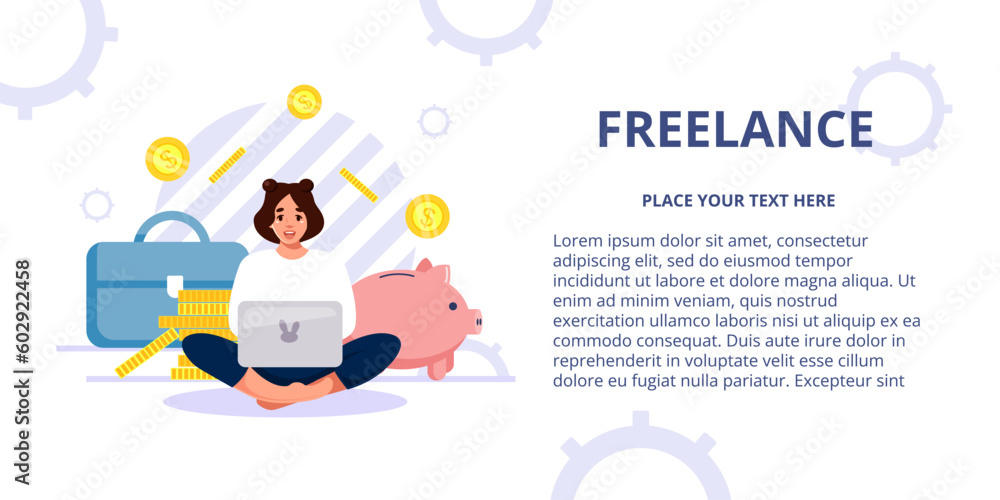 A young businesswoman is working on a laptop. Employee, freelancer. Business icons in the background. The concept of remote work or work at home. Vector web banner with text A young businesswoman is working on a laptop. Employee, freelancer. Business icons in the background. The concept of remote work or work at home. Vector web banner with text