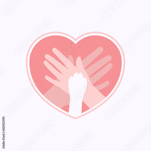 Paw of dog stacking on hands of family members in heart shaped flat silhouette vector
