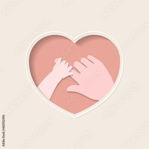 Small hand of baby holding big index finger of mother's hand in pink heart shaped frame paper cutting art vector