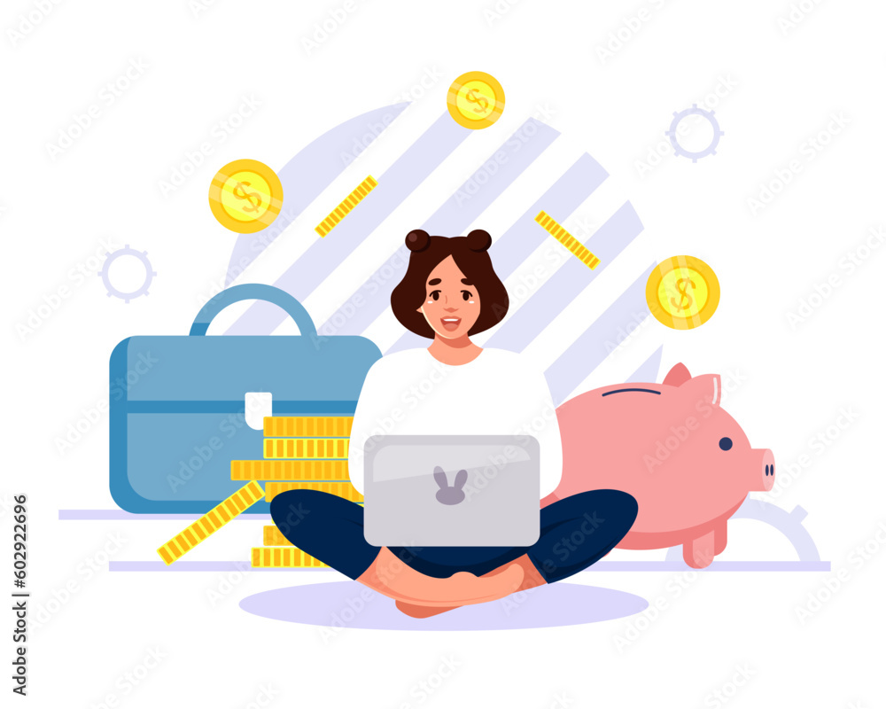 A young businesswoman is working on a laptop. Employee, freelancer. Business icons in the background. Vector illustration in a flat style on a white background
