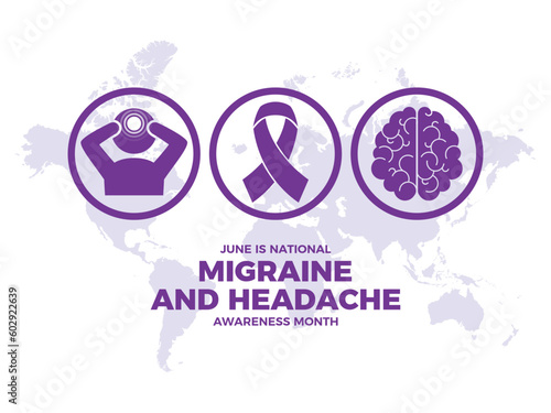 June is National Migraine and Headache Awareness Month vector illustration. Purple awareness ribbon, headache, brain icon set vector isolated on a white background. Important day