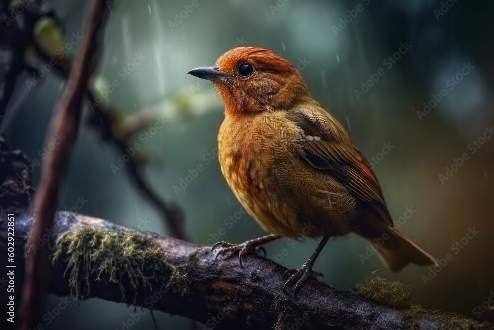 Fototapeta premium Beautiful little bird on a branch in the rain in the forest, generative Ai