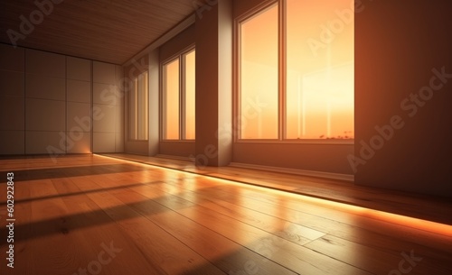 Empty room with window, wooden floor and sunlight. 3D rendering, generative Ai