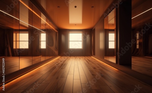 3D rendering of an empty room with a wooden floor and a large window, generative Ai