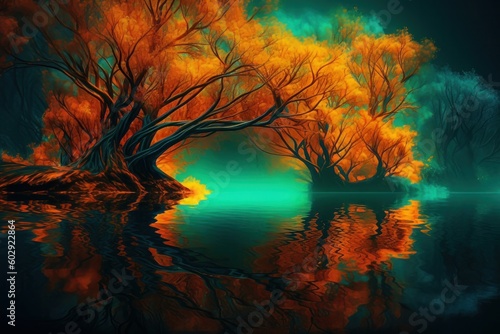 Fantasy landscape with lake, trees and reflection in water. Digital illustration, generative Ai