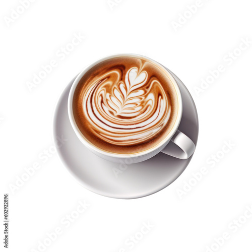 Coffee latte cup, cappuccino heart shape foam, hot beverage isolated on transparent background, above view, PNG, Generative AI