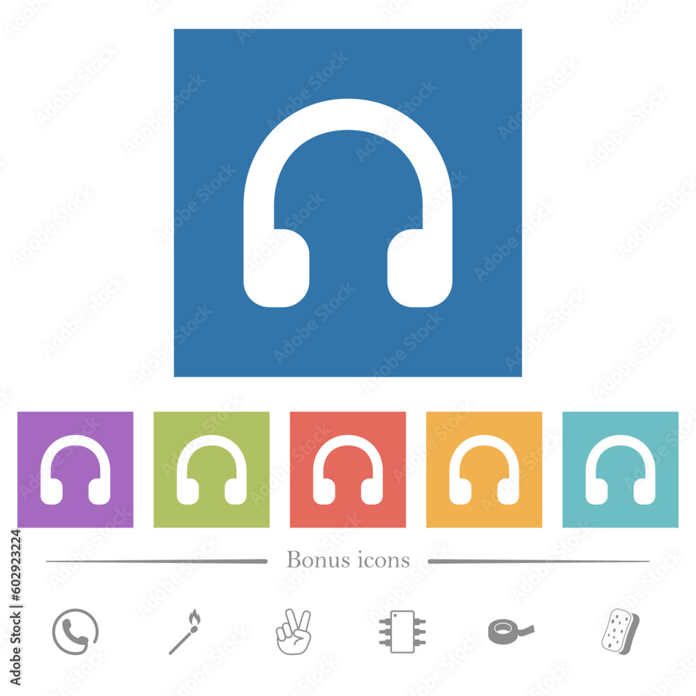 Earphones flat white icons in square backgrounds Earphones flat white icons in square backgrounds