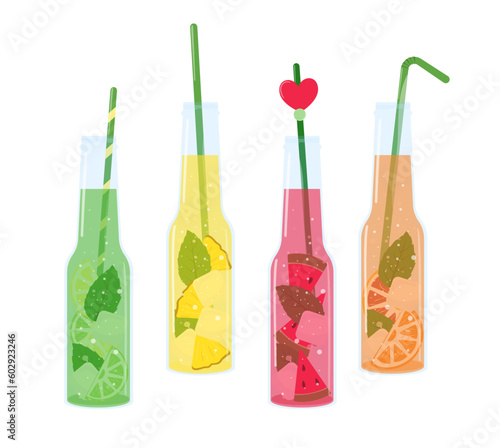 Sparkling drinks design in bottles. Set of carbonated drinks. Watermelon, pineapple, orange, lemon, lime lemonades. Vector illustration for flyer, marketing, banner isolated on white background. 