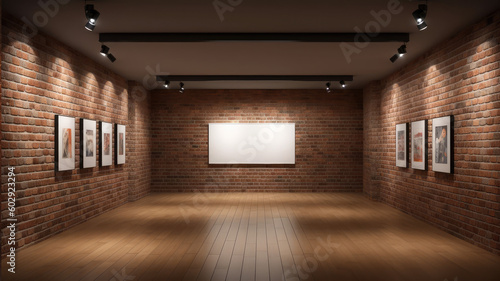 Empty and nobody gallery room with white clear picture wooden frame sample for mockup and billboard. Red brick wall and spot lights in the background, 8k, realistic photo, high detailed. Generative AI