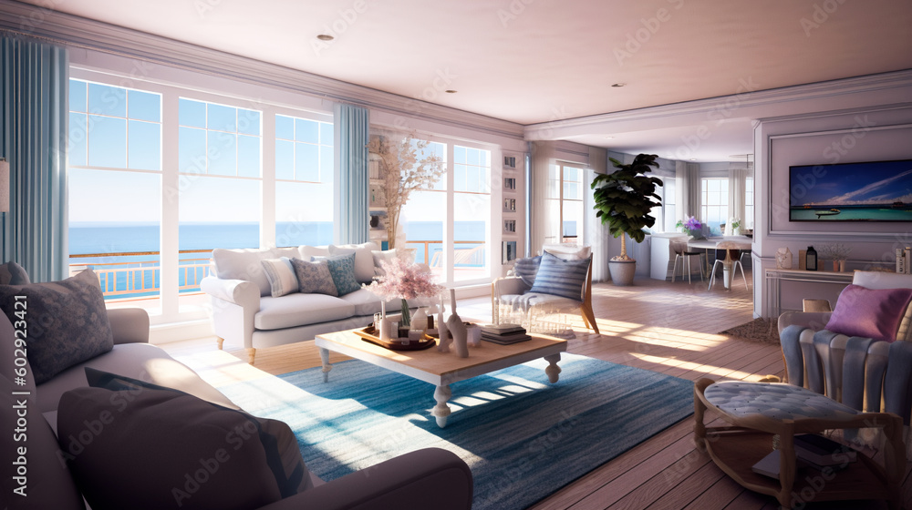 beach house interior design, coastal interior design. Generative AI beach house interior design, coastal interior design. Generative AI