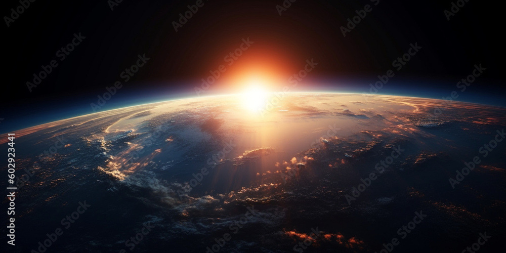Sunrise over the planet view from space, generated ai
