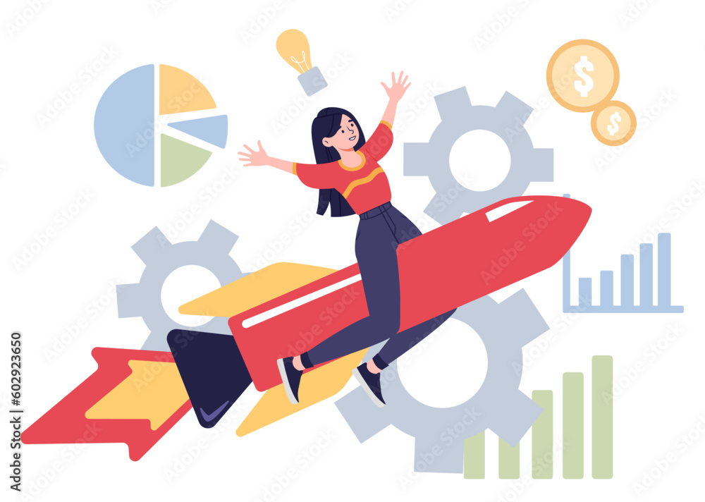Woman at rocket. Young girl launches startup or business project. Successful businesswoman on background of graphs and diagrams. Entrepreneur and investor. Cartoon flat vector illustration