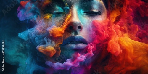 Art portrait of beauty model woman  with colorful smoke. Smoking girl, close up. Night life concept. Soft liquid rainbow smoke, glowing, glamour, glimmer. Generative AI 