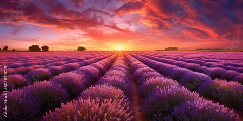 AI Generated. AI Generative. Photo realistic illustration of pink romantic farm lavendar field landscape. Graphic Art