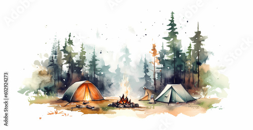 camping in the forest with tents, watercolor and cartoon style. Generated AI
