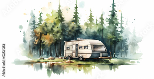 Camping caravan in the wilds at a lake based in cartoon and watercolor style, Generated AI