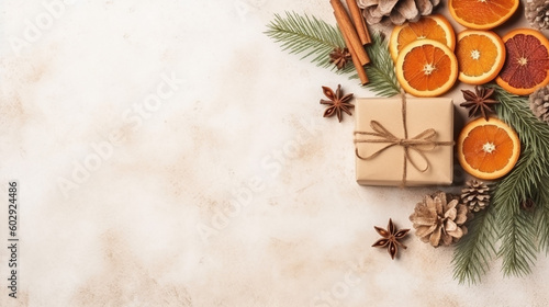 Composition with christmas gift in craft paper, dried orange and mandarin, anise stars, cinnamon, pine cones, fir branches on white background. Flat lay, top view, frame with copy space. Generative AI