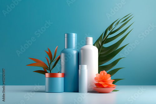 Beauty and Skincare Products: Summer Fresh, Trendy Minimalistic Design - Ecofriendly Packaging of Luxury Vegan, Natural, Organic Cosmetics - Moisturizer and Serum Bottles, Jars on 3D Background