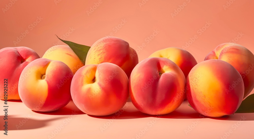 Closeup peaches on pastel orange background with copy space. Generative AI. Closeup peaches on pastel orange background with copy space. Generative AI.